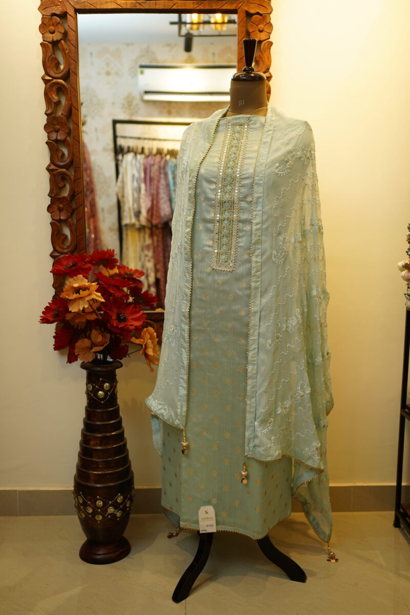 Tissue Unstitched Suit & Chiffon Dupatta - Blue