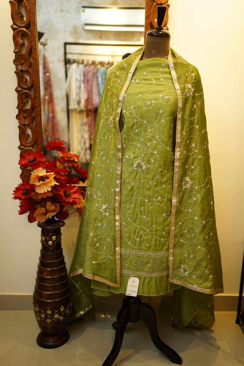 Crepe Unstitched Suit - Mehndi