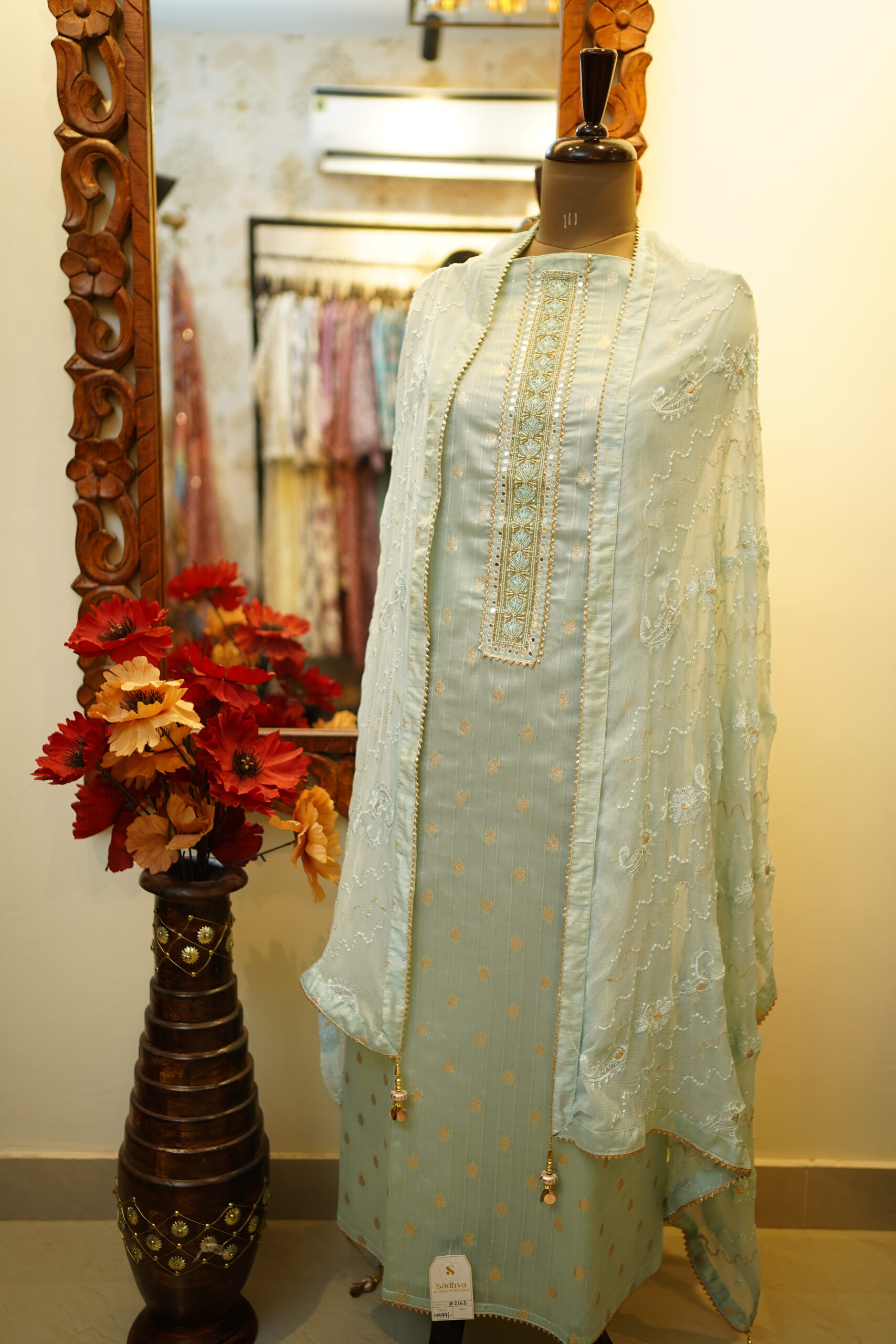 Tissue Unstitched Suit & Chiffon Dupatta - Blue - Image 2