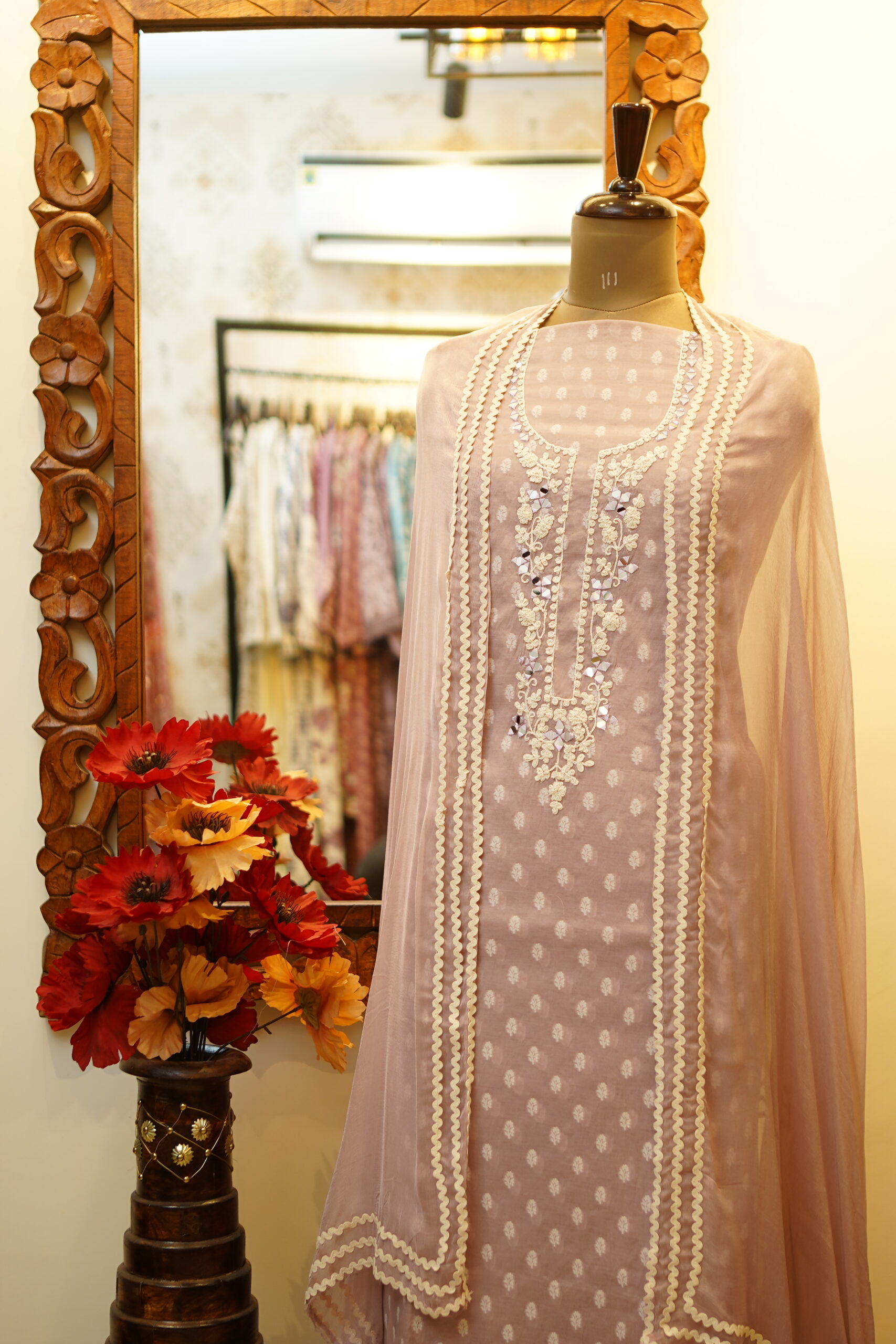 Cotton Unstitched Suit with Chiffon Dupatta - Lilac - Image 2