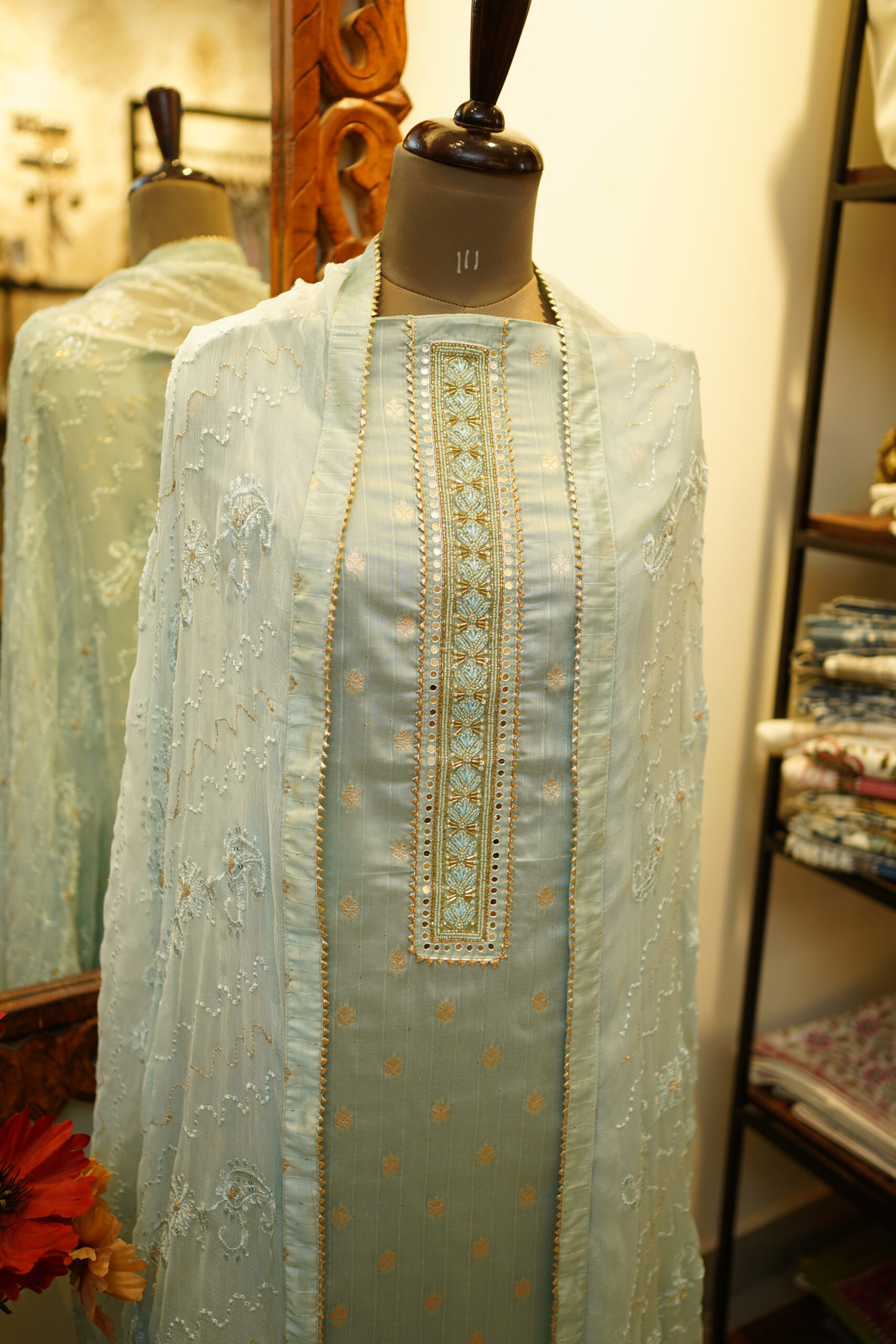Tissue Unstitched Suit & Chiffon Dupatta - Blue - Image 3