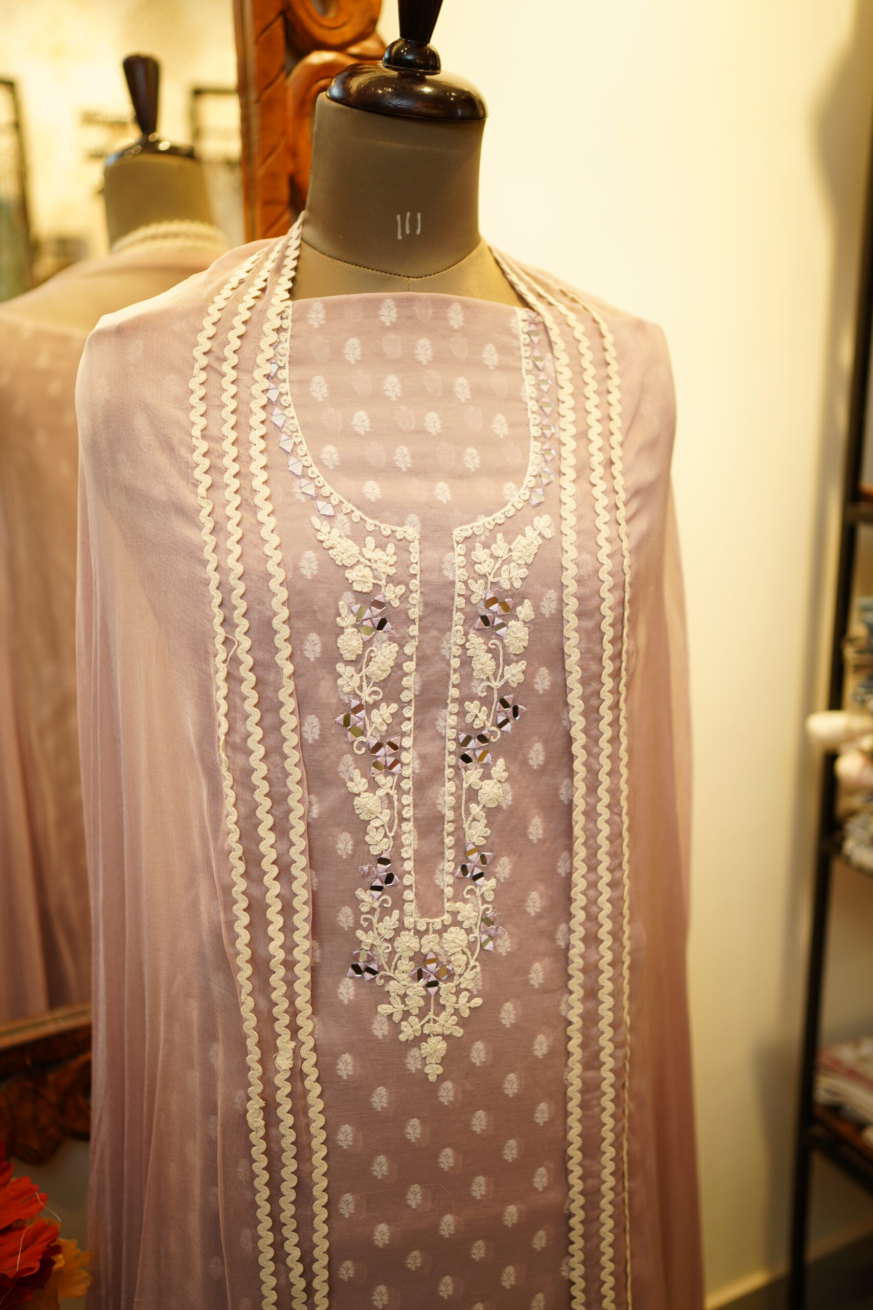 Cotton Unstitched Suit with Chiffon Dupatta - Lilac - Image 3