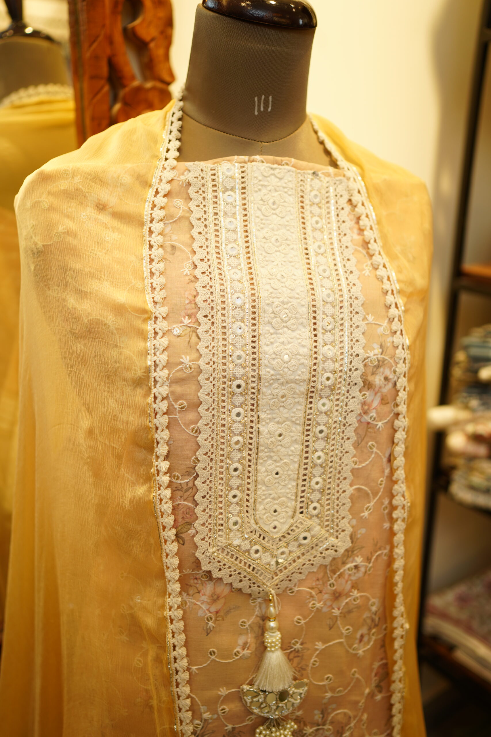 Kadhai Unstitched Suit with Chiffon Dupatta - Yellow - Image 2