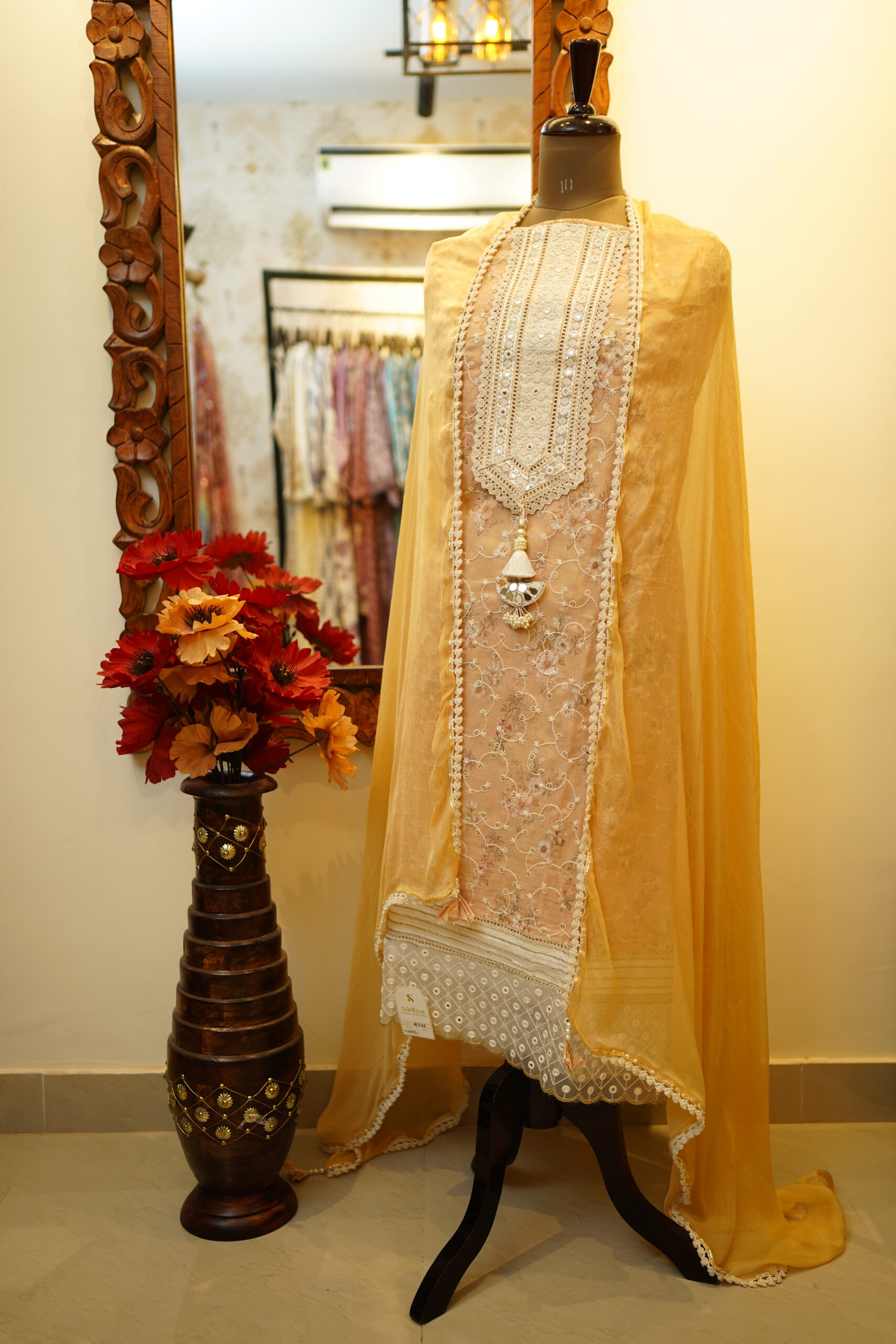 Kadhai Unstitched Suit with Chiffon Dupatta - Yellow