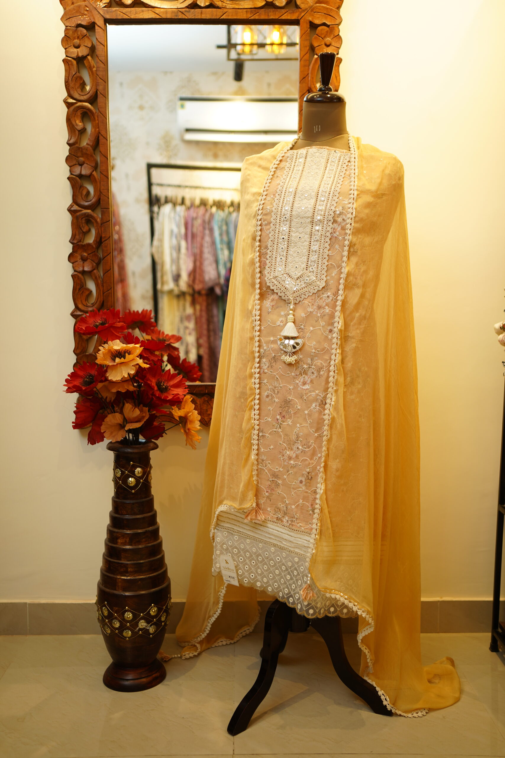 Kadhai Unstitched Suit with Chiffon Dupatta - Yellow - Image 3